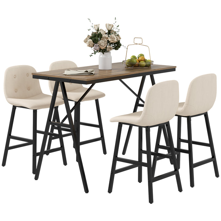 5-Delt barsæt, bord og 4 stole, knapsyninger, tyk polstring, linnedlook, beige