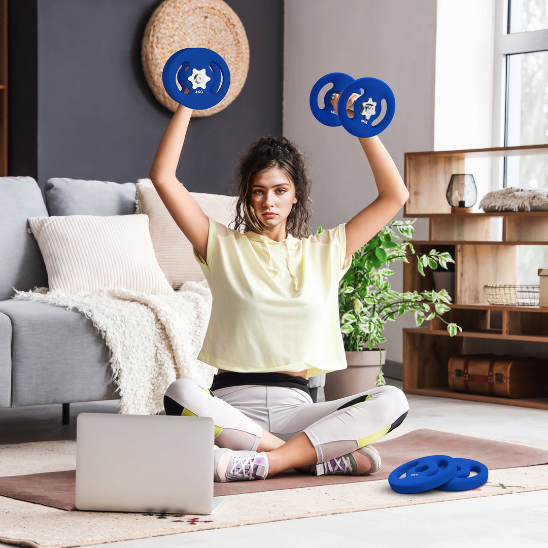2 X 4 kg vægtskiver med praktiske håndtag, vægtsæt til hjemmegym, fitnessstudie, styrketræning, blå