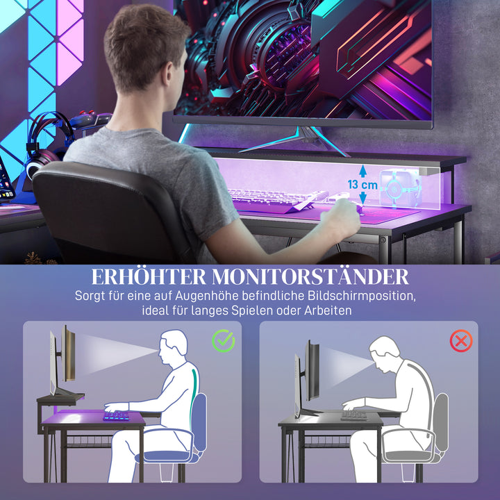 L-formet skrivebord med LED-belysning, stikkontakter, USB-porte, vendbart computerbord med hylde, 107 x 80 x 90 cm, sort