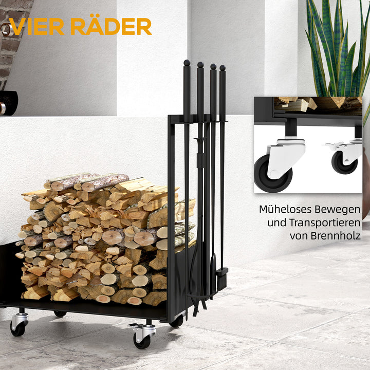 Brændehylde med hjul, meget tilbehør, metalramme, op til 60 kg, 48 x 30 x 76 cm, sort