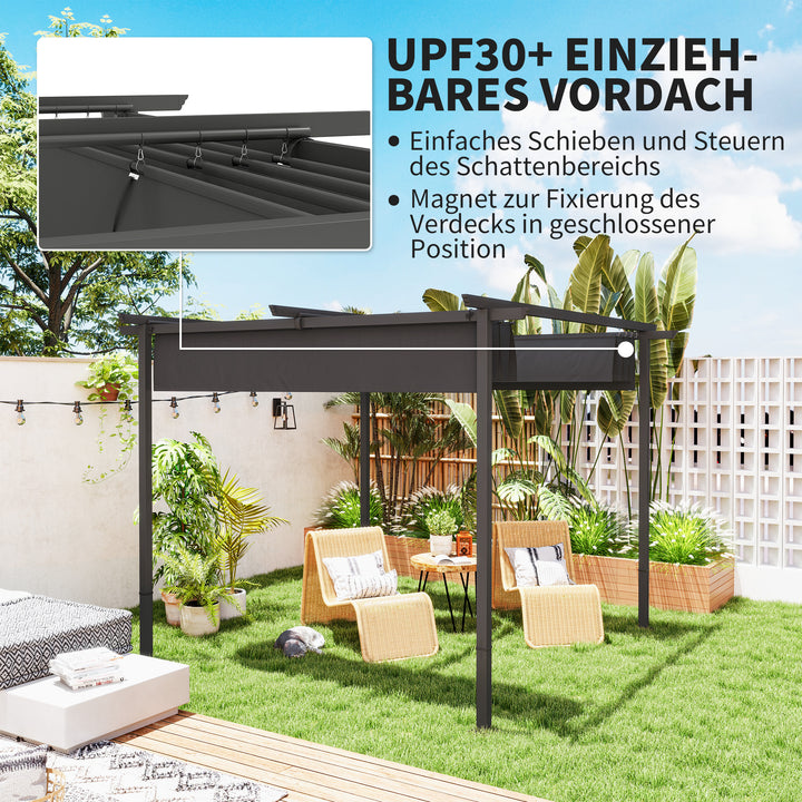 3 x 3 m havepergola med justerbart tag, metalramme, UPF30+ beskyttelse, solskærm til veranda, terrasse, mørkegrå