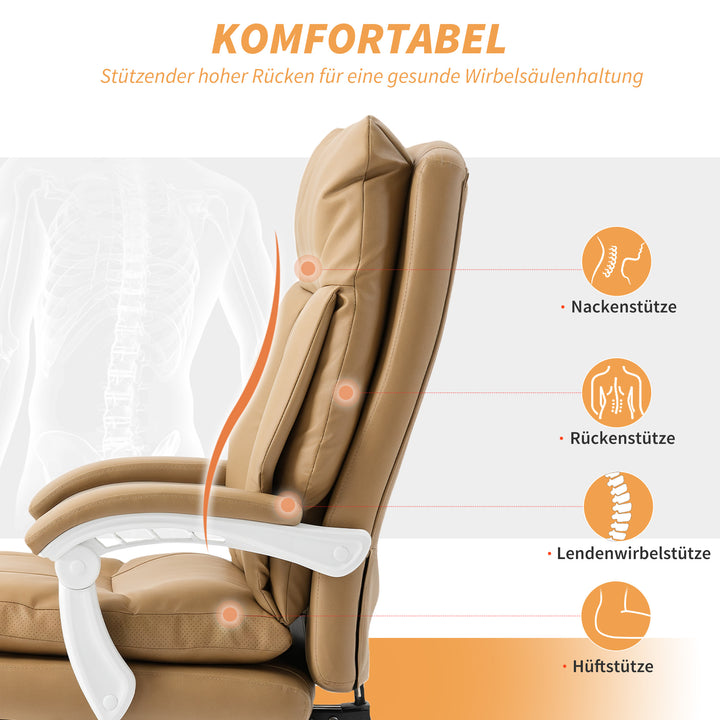 Kontorstol ergonomisk skrivebordsstol med lændestøtte, sammenklappelig armlæn, fodstøtte lysebrun