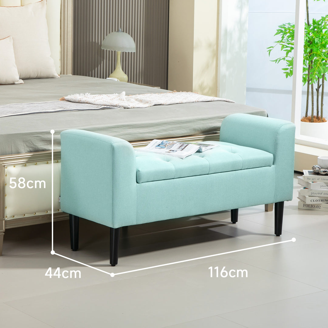 Bænk med opbevaringsplads, polstret bænk, lasteevne op til 130 kg, linnedlook, gummitræ, 116 x 44 x 58 cm, grøn