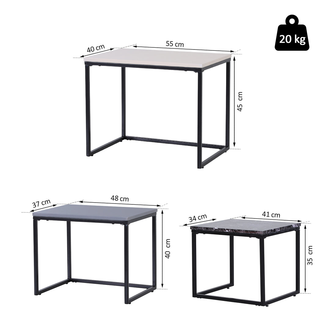 Sæt med 3 sofaborde, stabelbare sideborde, sofaborde, metalfod, mdf, 3 farver, 55 x 40 x 45 cm/48 x 37 x 40 cm/41 x 34 x 35 cm