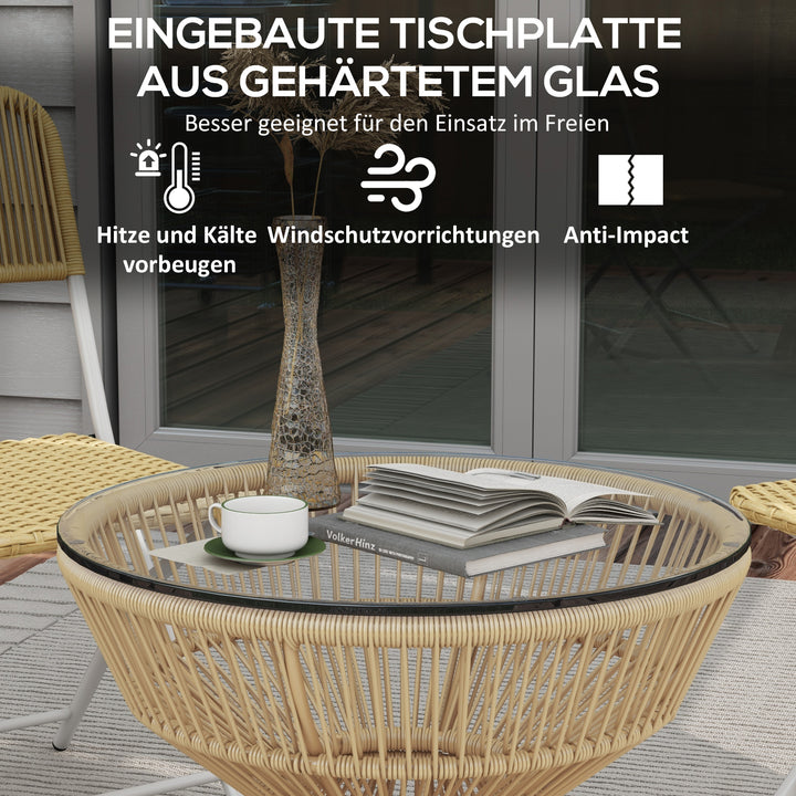 Udendørs sidebord, havebord, rattan sidebord, glasplade, PE-rattan, 60 cm x 60 cm x 50 cm, naturlig