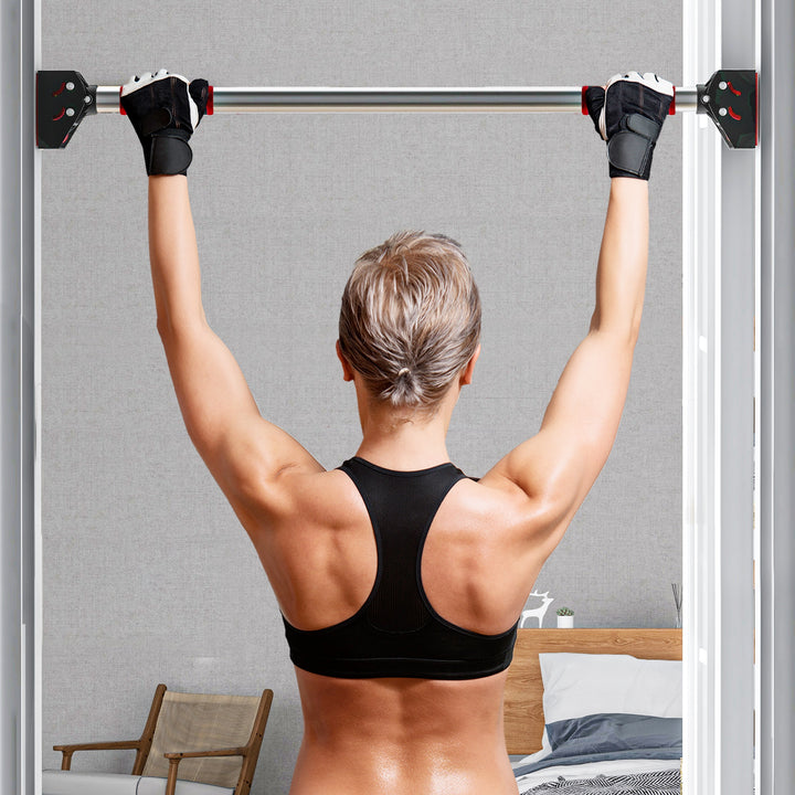 Justerbar pull-up-stang til dørkarme, ingen boring nødvendig, stål, op til 200 kg, 75-92 x 10 x 7 cm, sort/rød