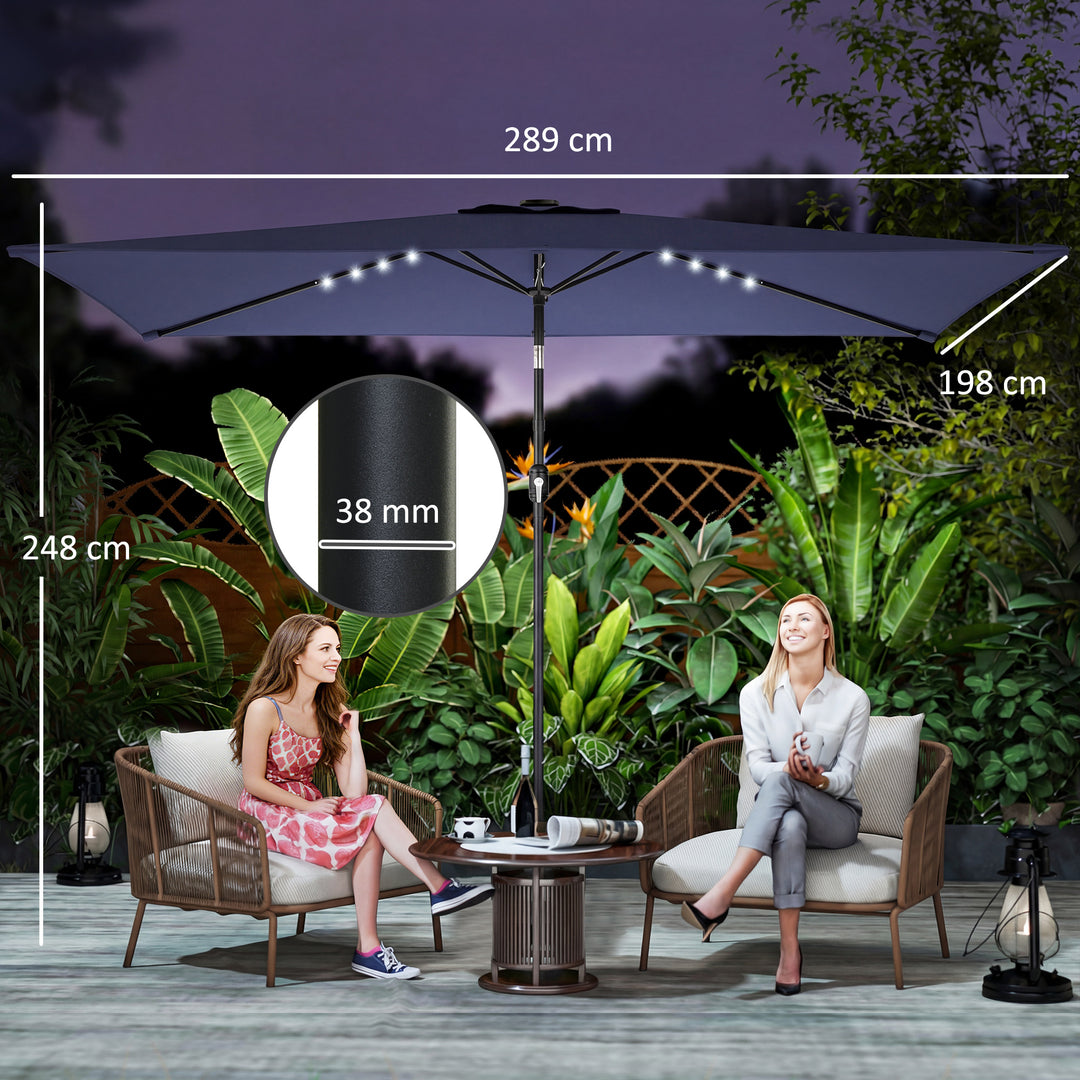 LED solcelleparasol, ca. 300 x 200 cm, vipbar balkonparasol med håndsving, beskyttelsesovertræk, UV-beskyttelse, drejelig, marineblå