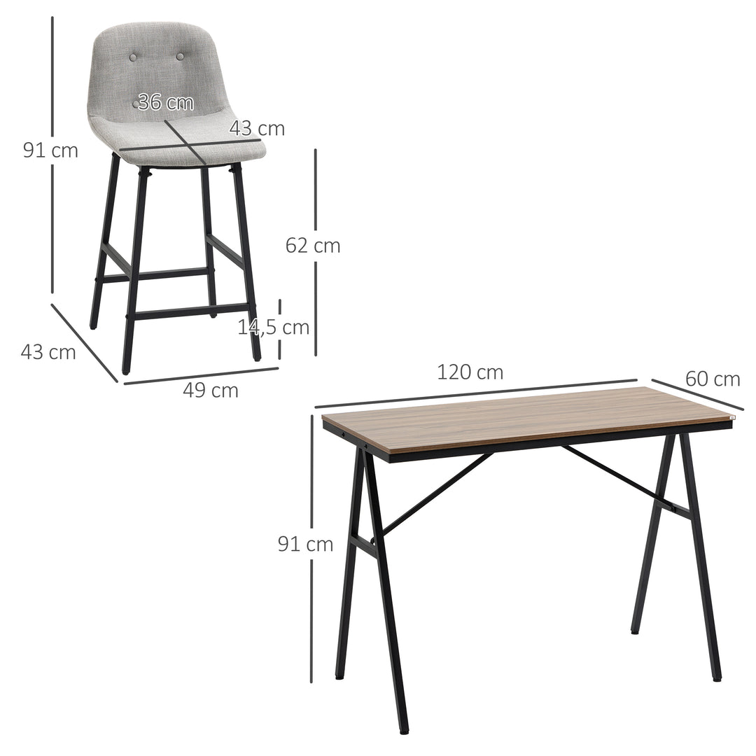 Barbord med barstole i industrielt design, knapsyninger, 120 cm x 60 cm x 91 cm, lysegrå