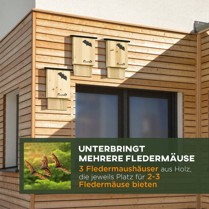 Sæt med 3 flagermushuse, vejrbestandige, op til 3 flagermus pr. hus, behandlet fyrretræ, natur + sort