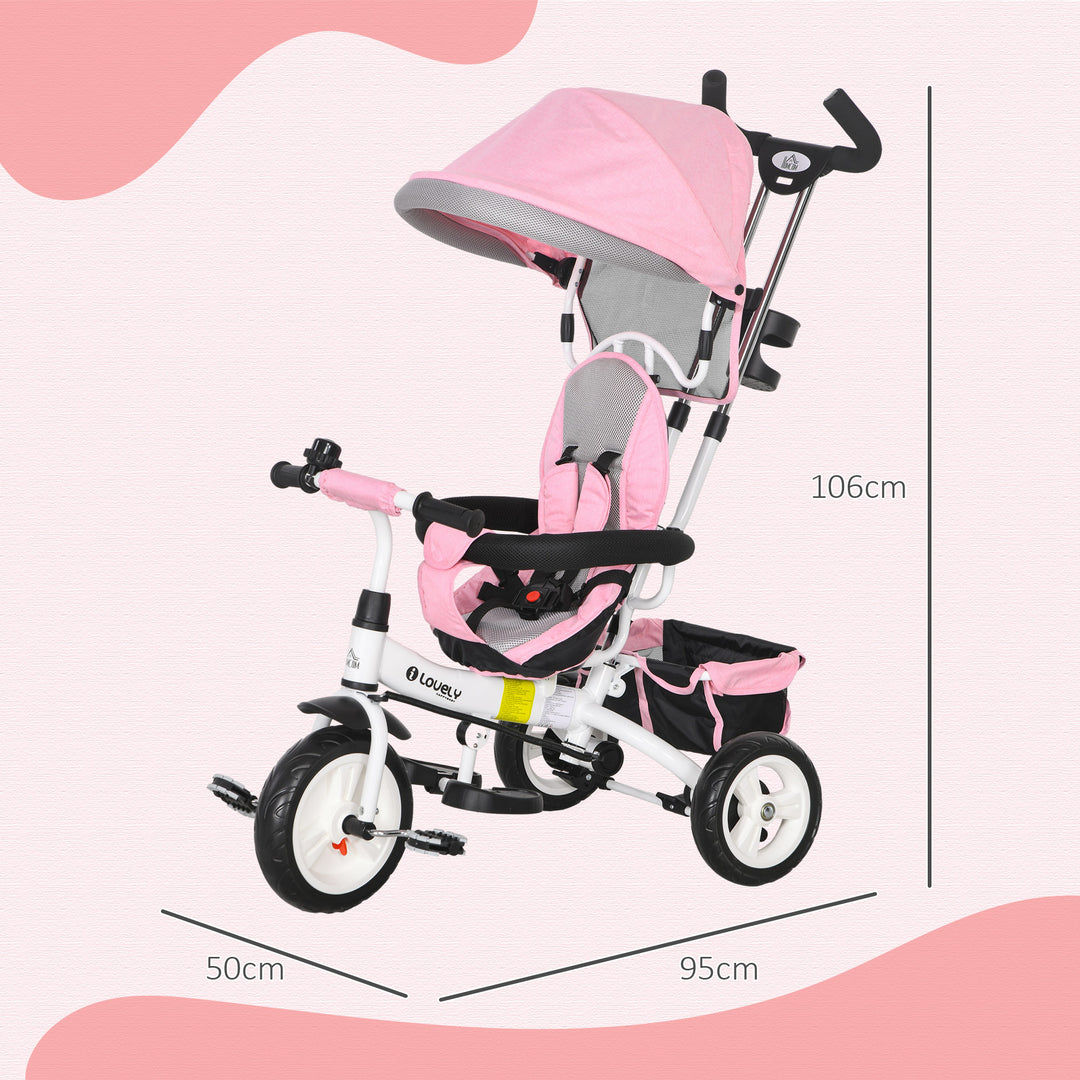 6-I-1 børnetrecykel med skubbehåndtag, kaleche, sele, opbevaringskurv, til 1-5 år, lyserød