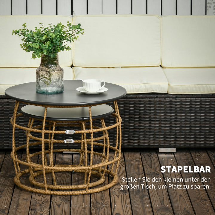Sæt med 2 haveborde i boho-stil, vejrbestandige, stabelbare, 60 cm x 60 cm x 47 cm, naturlig + mørkegrå
