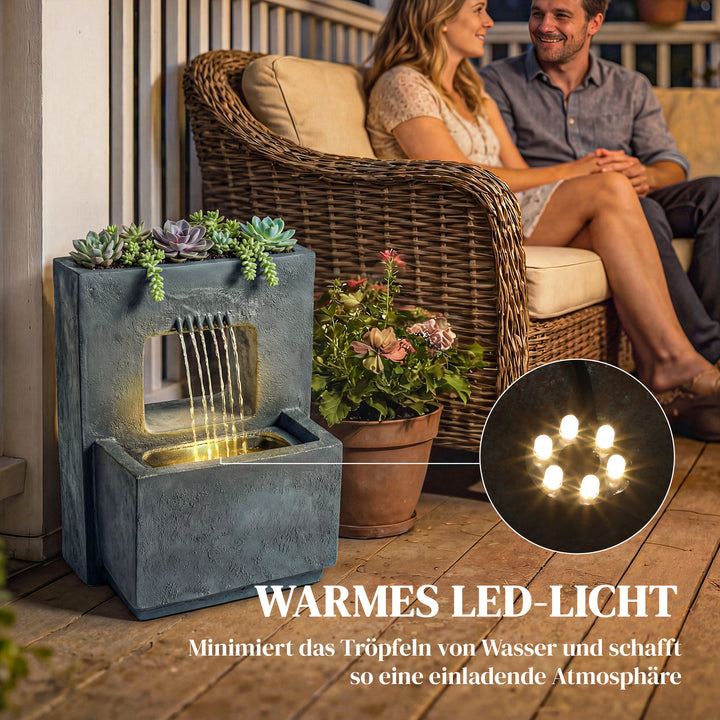 2-lags havefontæne med LED-belysning, plantekasse, pumpe, stenlook, justerbar, 45 x 31,5 x 58,5 cm