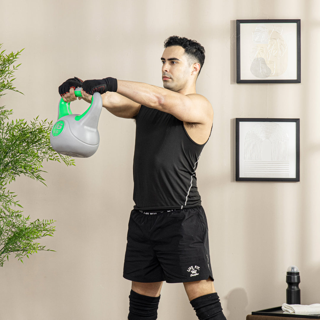 Kettlebell, 16 kg, flad bund, stort håndtag, vægtkugle, grøn, 27 x 17 x 31 cm