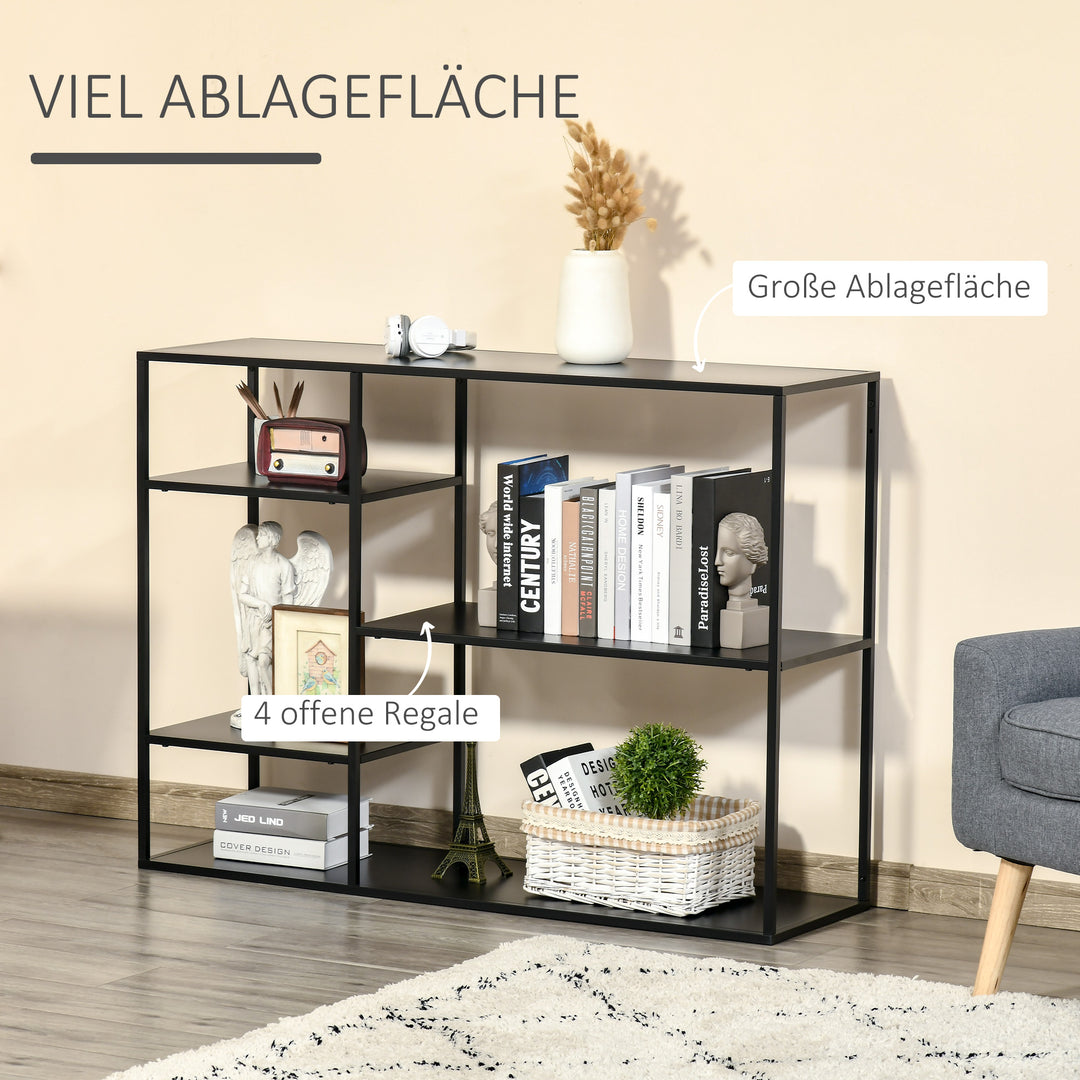 Fritstående reol med 5 åbne rum, opbevaringshylde med metalramme, kubeformet hylde til køkken, stue, sort, 120 x 35 x 87,5 cm