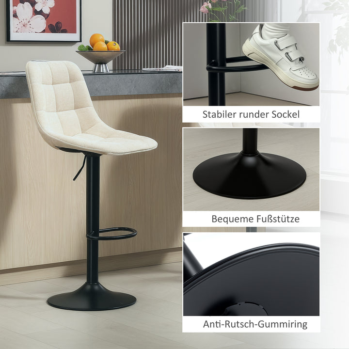 Moderne barstol, sæt med 2 drejebarstole med ryglæn, højdejusterbar, med fodstøtte, polstret, beige