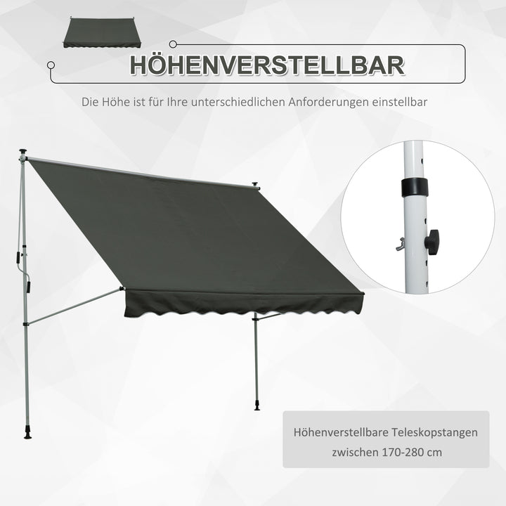 Klemmemarkise med håndsving, højdejusterbar, leddelt armmarkise, smudsafvisende, vejrbestandig, balkonmarkise 150 cm bred, terrassemarkise til terrasse, balkon, veranda, grå