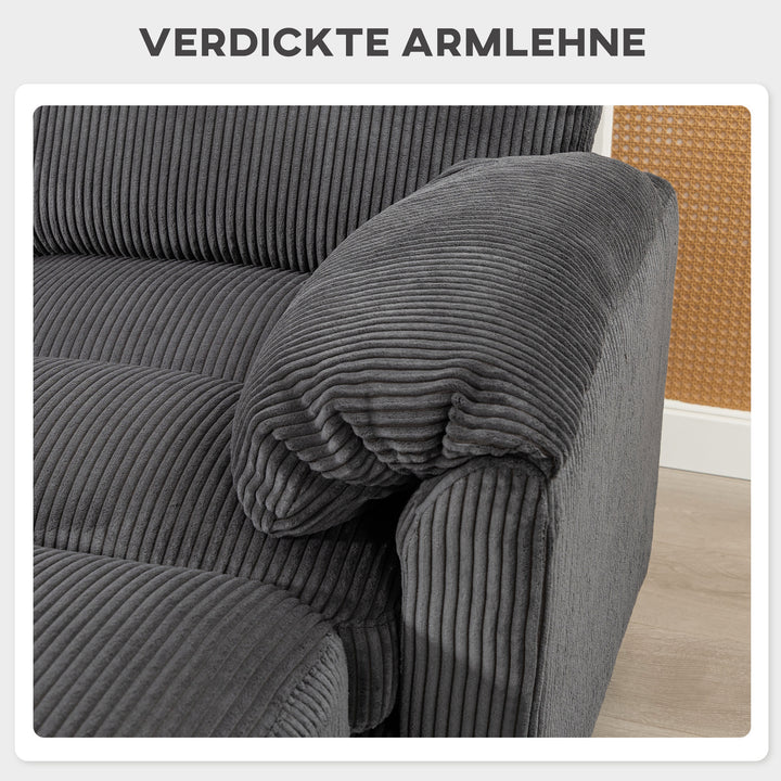 Hjørnesofa, U-formet sofa, sofa med fjederbetræk, polstrede armlæn, bevægelig puf, corduroy, 292x224x85 cm, mørkegrå