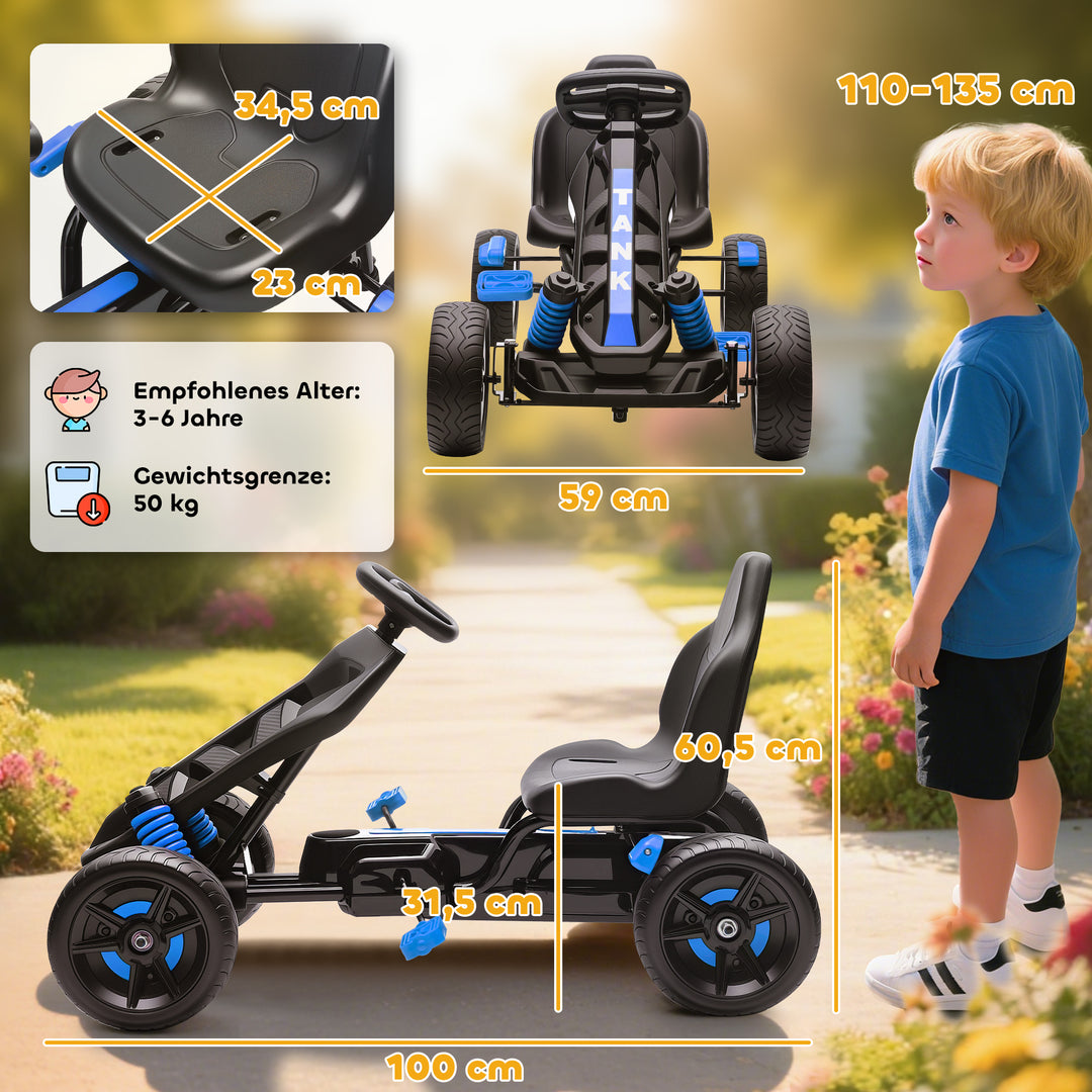 Gokart med pedaler, pedalbil til børn med bremse, skridsikre hjul, metalramme, 3-6 år, blå
