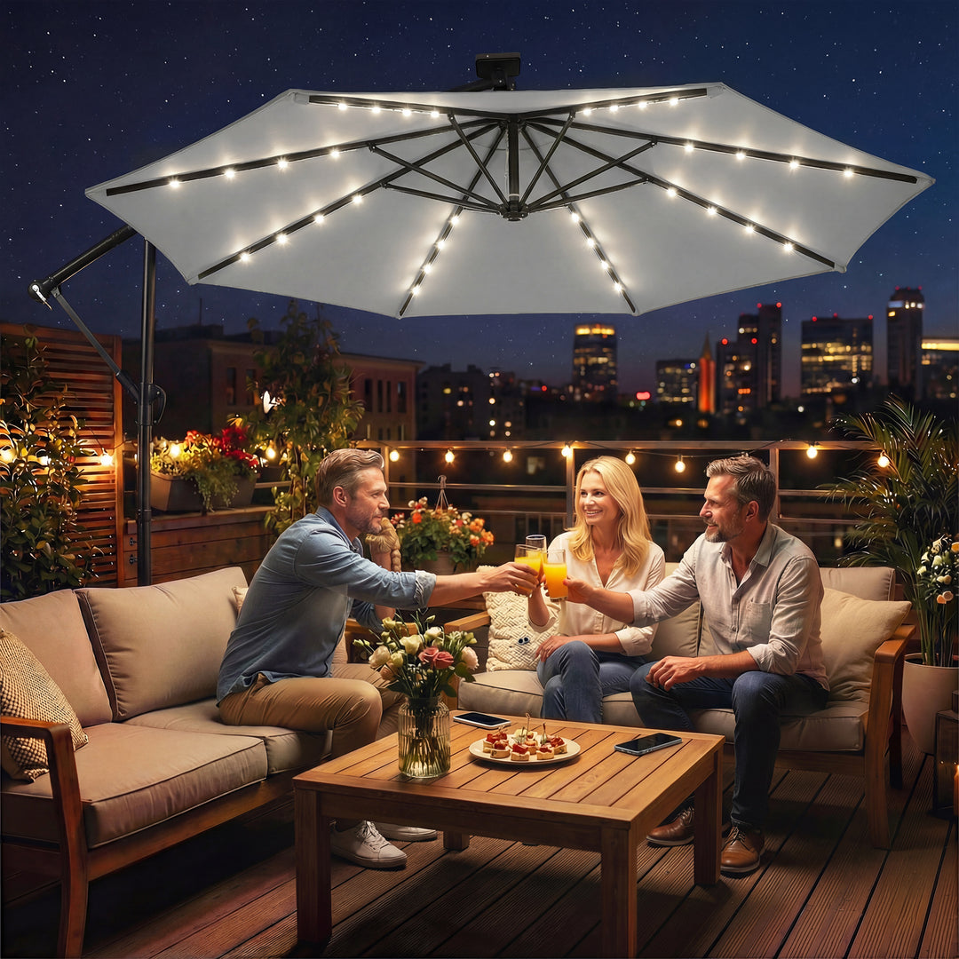 LED solcelledrevet parasol, ca. Ø300 cm, drejelig, med håndsving, beskyttelsesovertræk, lysegrå