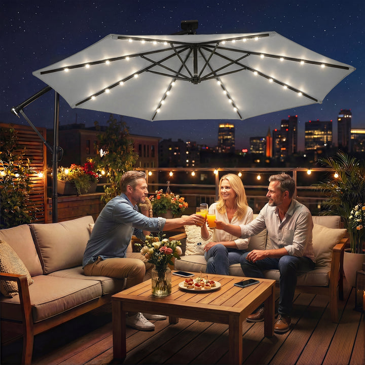 LED solcelledrevet parasol, ca. Ø300 cm, drejelig, med håndsving, beskyttelsesovertræk, lysegrå
