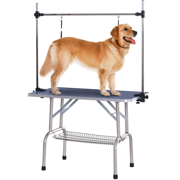 Hundetrimmebord med nederste kurv kæledyrstrimmebord hundetrimmebord hundefrisørbord klippebord til hunde katte op til 100 kg blå