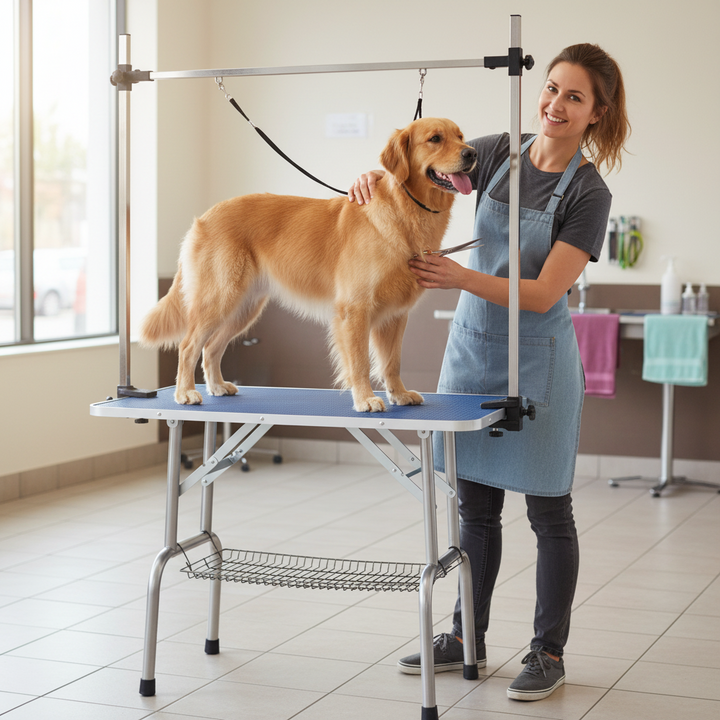 Hundetrimmebord med kurv – justerbart, skridsikret, op til 100 kg