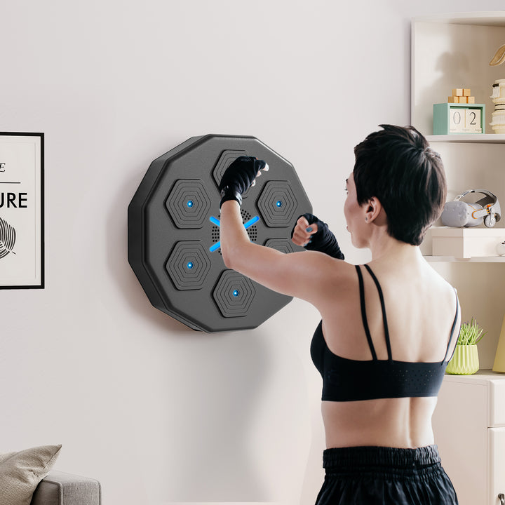Boksetræner med musikfunktion, bluetooth, lysende prikker, vægbeslag, kunstlæder, sort