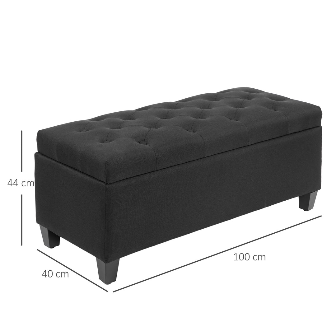 Opbevaringsbænk, kommodebænk, hørlignende polyester, gummitræ, sort, 100 x 40 x 44 cm