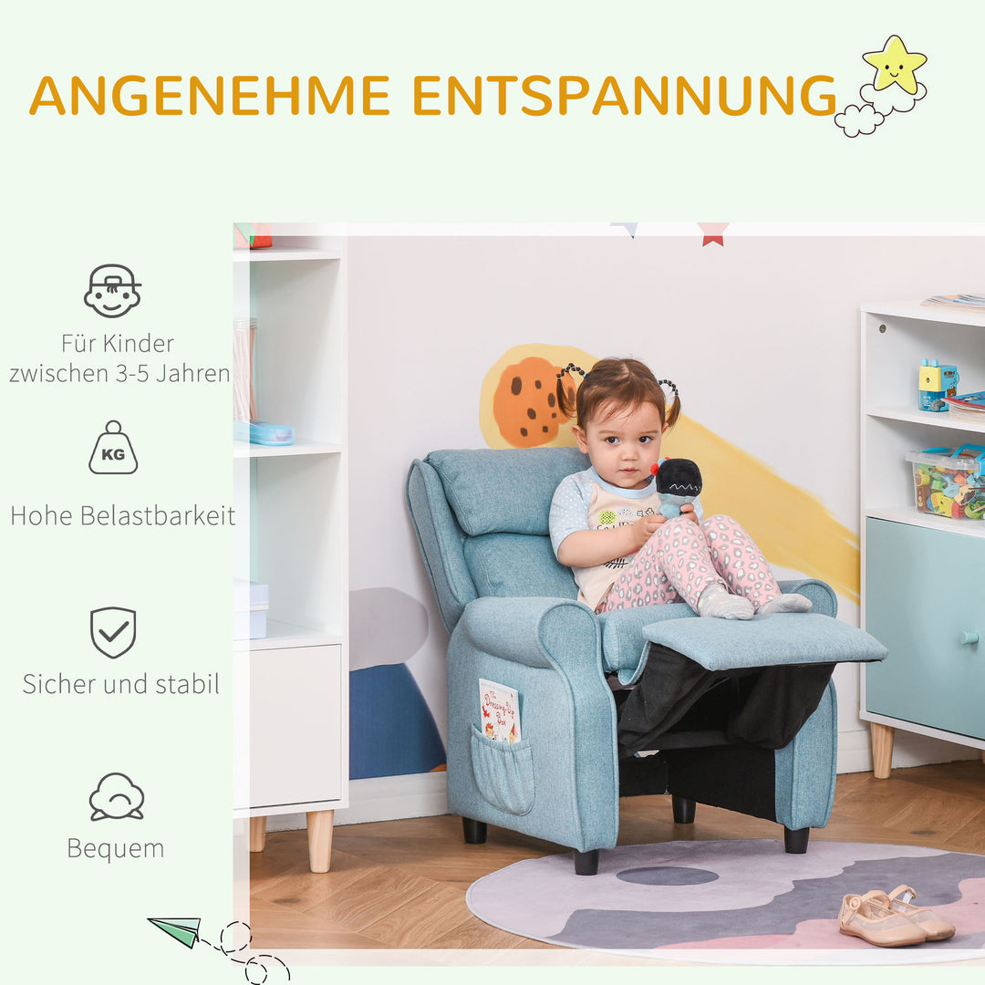 Børnesofa, børnelænestol med fodstøtte, armlæn, justerbar ryglæn, lænestol, børnesofa, stol, dagseng, børnesofa til 3-5-årige drenge og piger, blå