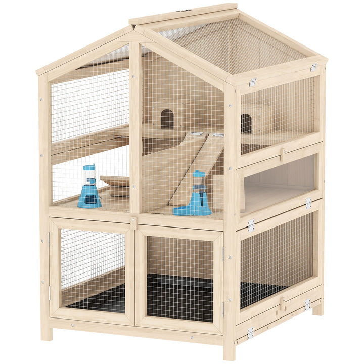 Hamsterbur i træ, 3 niveauer, gnaverbur, bur til små dyr med hytter, vipper, ramper, vandskåle, 68 x 61,5 x 90 cm, naturtræ