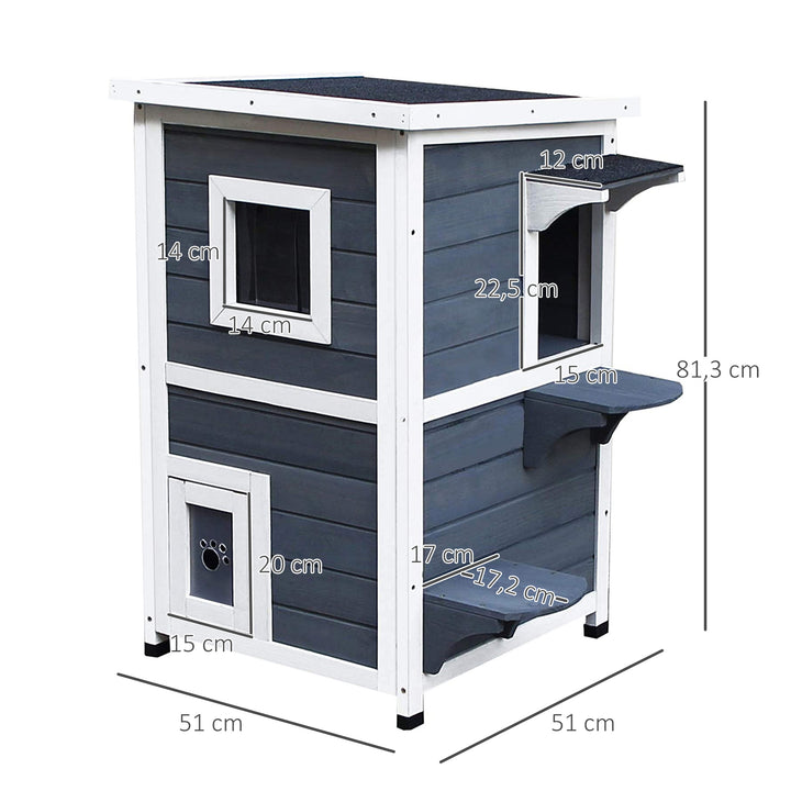 Trækattehus 2 etager vintertæt vandtæt kattehus med asfalttag trappe vindue kattehule udendørs ly til udendørs have balkon 51 x 51 x 81,3 cm grå