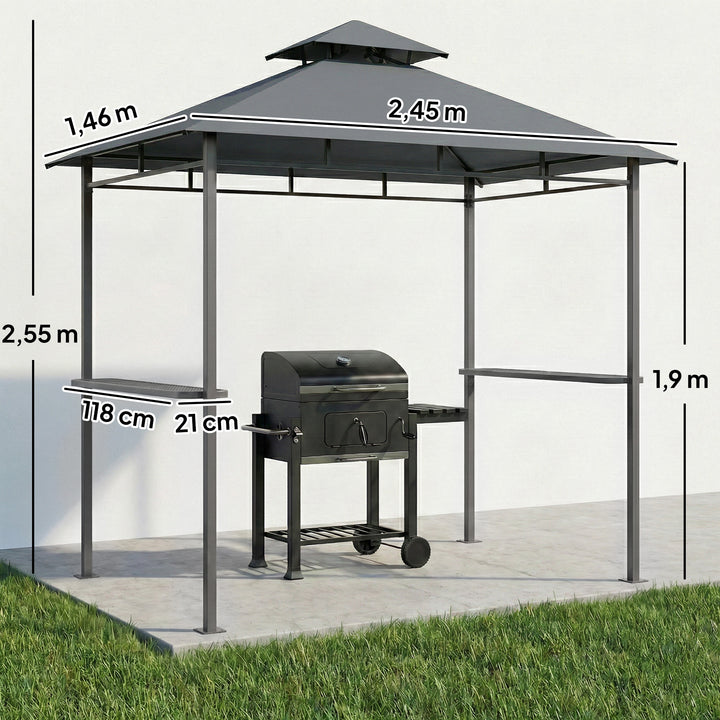 Grillpavillon 2,4 x 1,4 m, vindtæt grillly med dobbelttag, ventilationsåbning, sidehylder