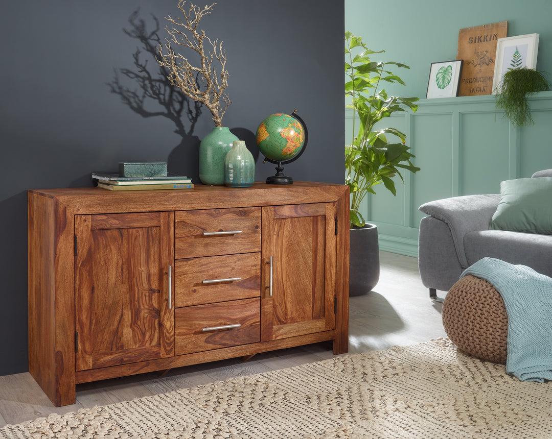 Kommode i massivt træ, 118 cm, 3 skuffer, 2 låger, designer-skænk, landlig stil, naturbrun