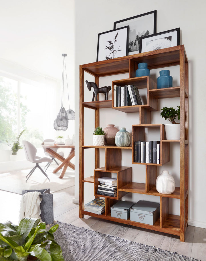 Massivt træ sheesham-bogreol 115 x 180 cm stuehylde opbevaringsrum design landlig stil