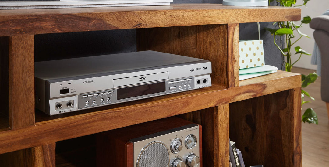 Sheesham skænk i massivt træ, 115 x 76 x 40 cm, landlig stil, TV-skab med opbevaringsrum, TV-bord i ægte træ med 4 ben