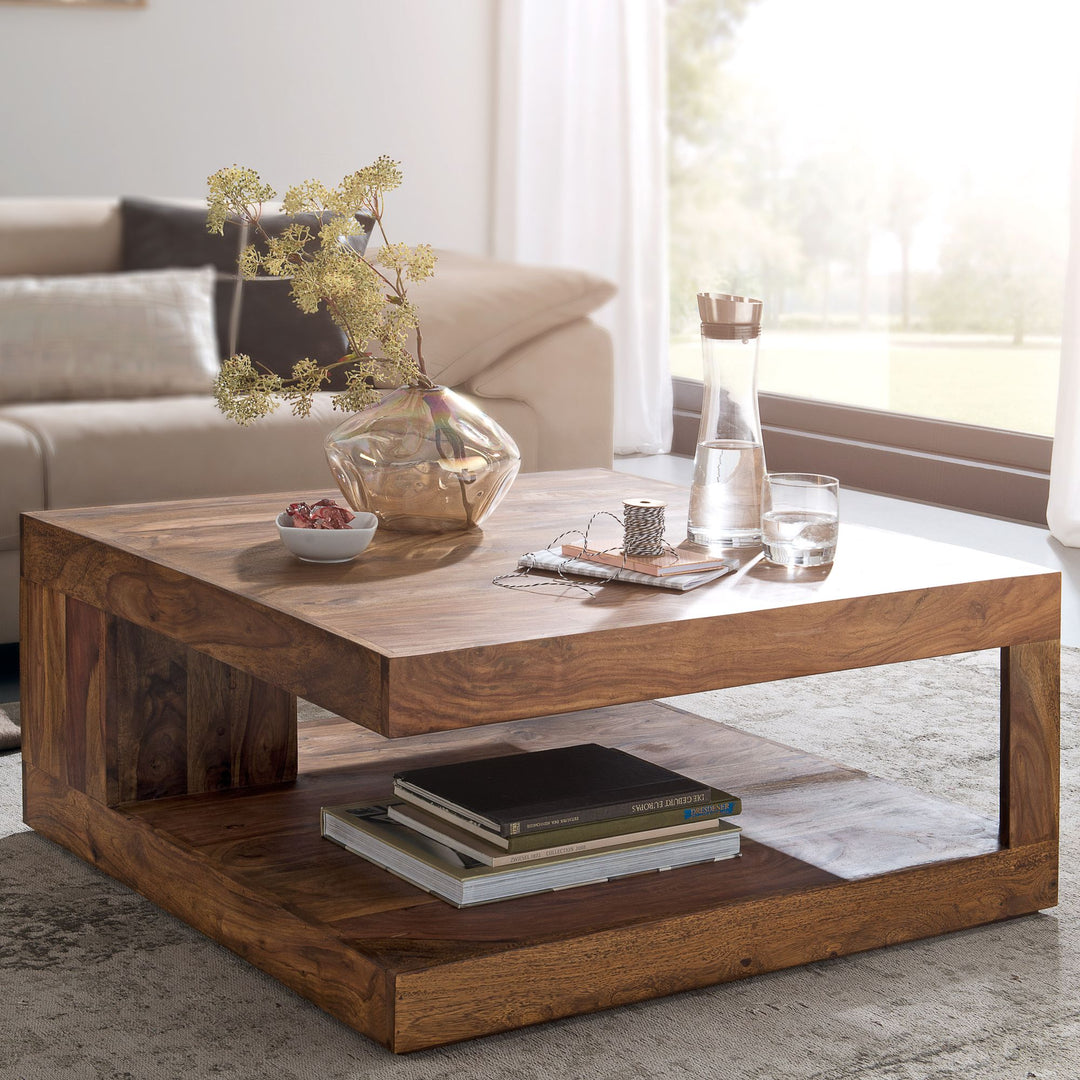 Massivt sheesham sofabord 90 cm Design sofabord mørkebrunt landligt bord