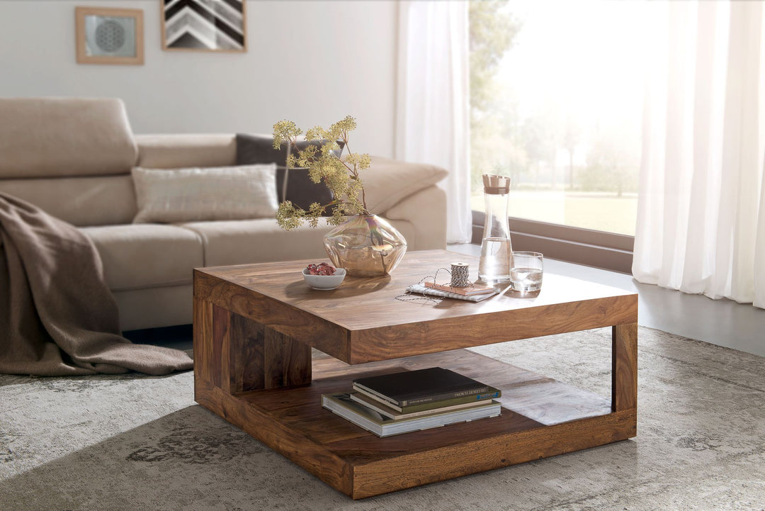Massivt sheesham sofabord 90 cm Design sofabord mørkebrunt landligt bord