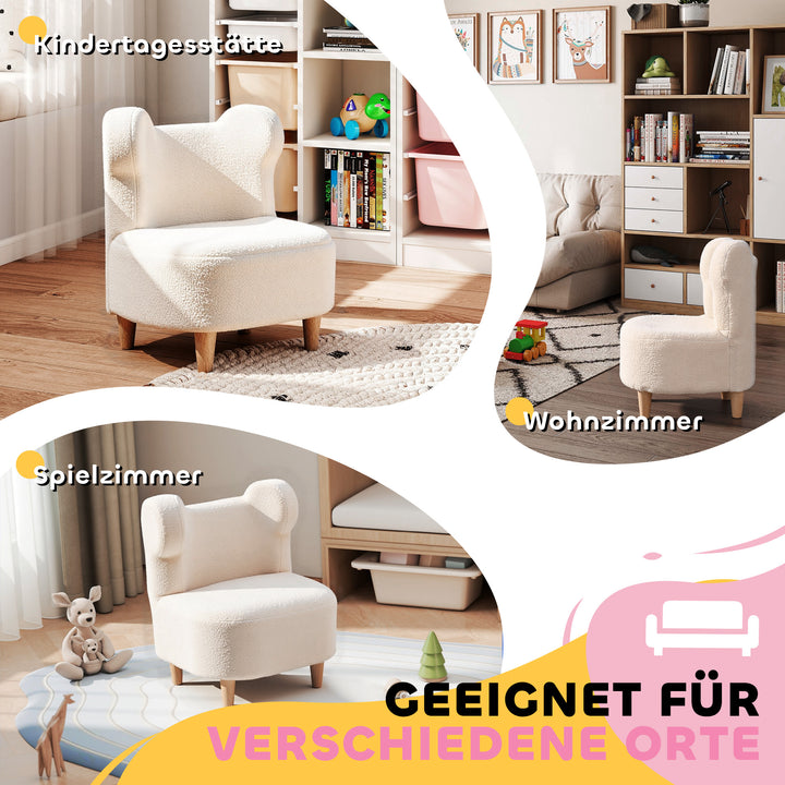 Børnelænestol, plyslænestol med bjørneører, fleecebetræk, skum, beige