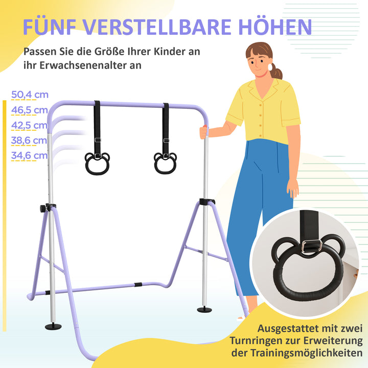 Børne parallelle stænger med ringe, højdejusterbare, foldbare, skridsikkert, stålstel, 148x105x88-128 cm, lyserød