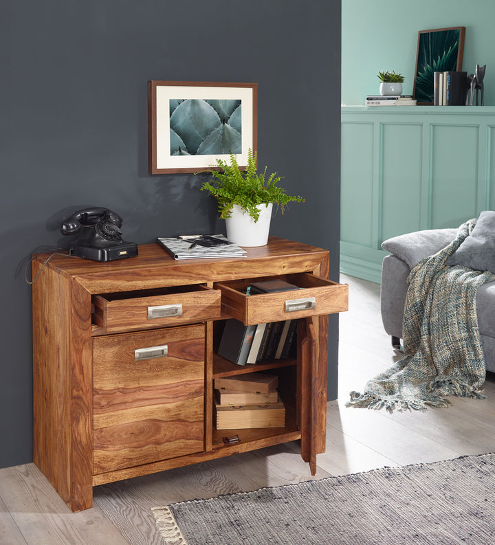 MUMBAI skænk, massivt sheeshamtræ, kommode, 90 cm, 2 skuffer, 2 døre, designer højskab, landlig stil, brun/natur