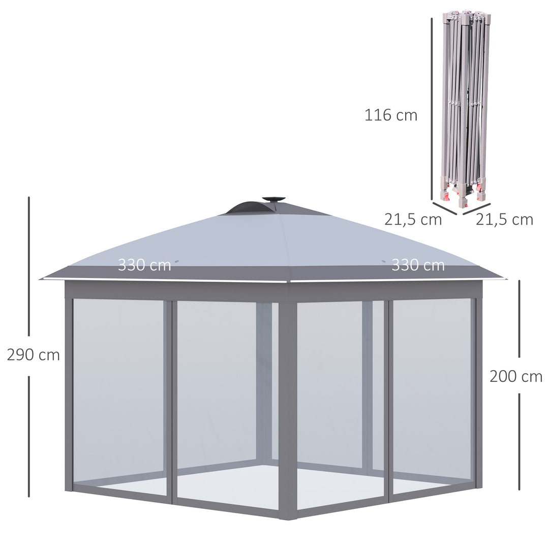 3,3 x 3,3 m foldbar pavillon med LED-belysning, netgardiner, bæretaske, grå
