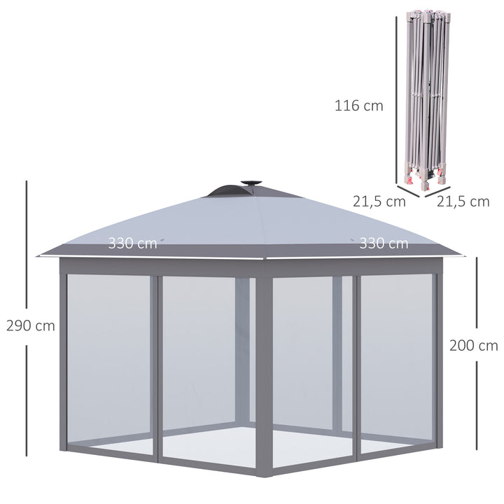 3,3 x 3,3 m foldbar pavillon med LED-belysning, netgardiner, bæretaske, grå