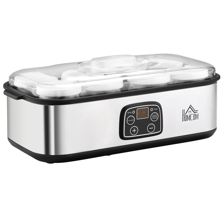 Græsk yoghurtmaskine med låg, 8 BPA-fri glasbeholdere (180 ml hver), med LCD-display og timer, til op til 1,4 liter yoghurt, 25 W, sølv