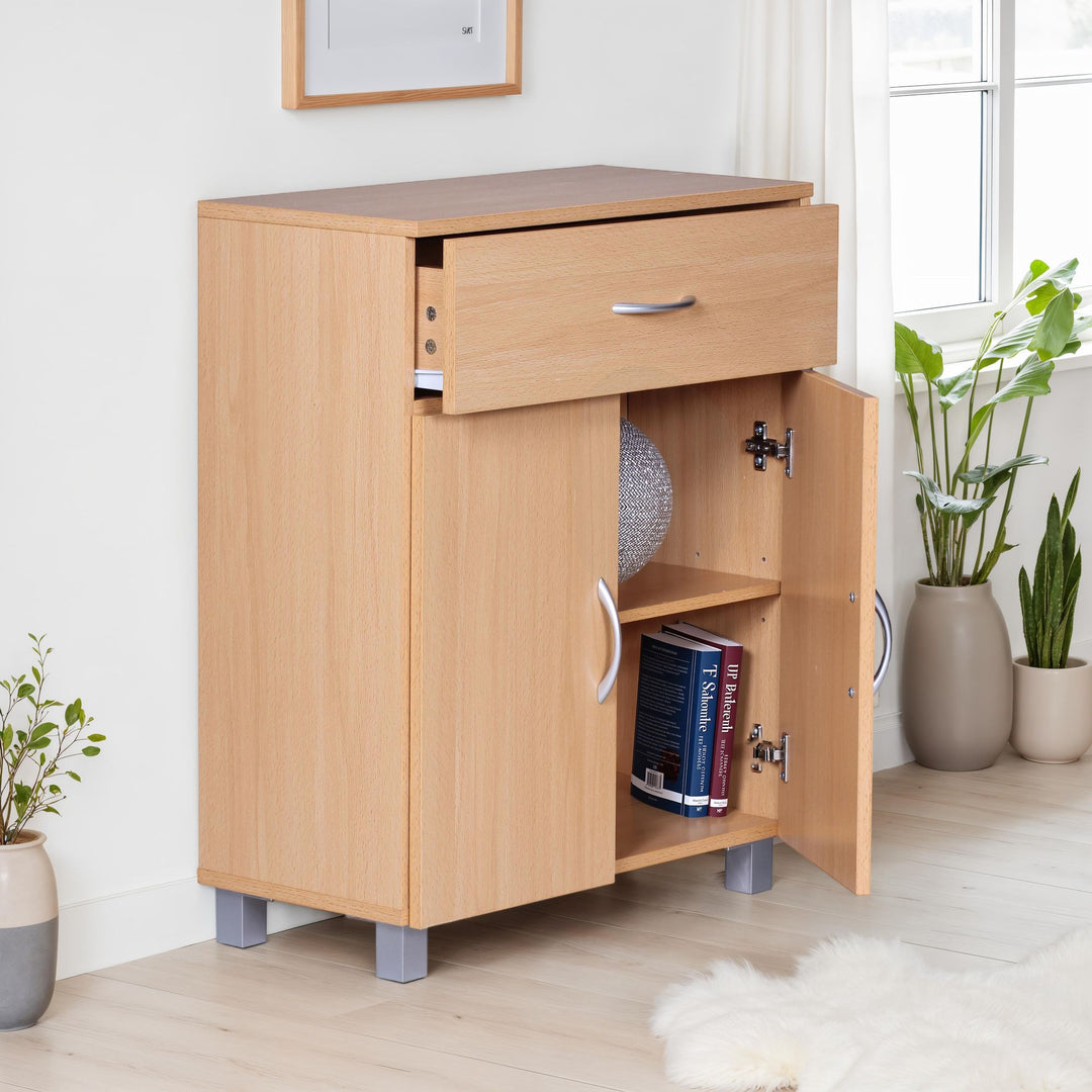 Skænk bøg 60x75x30cm Kommode med skuffe og låger, Lille moderne skænk brun, Designer træskab, Universalskab med håndtag, Lille smalt entreskab