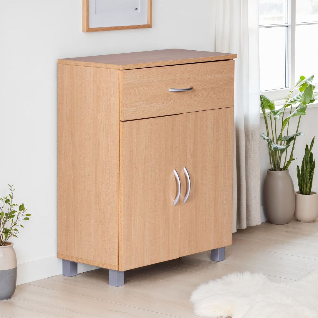 Skænk bøg 60x75x30cm Kommode med skuffe og låger, Lille moderne skænk brun, Designer træskab, Universalskab med håndtag, Lille smalt entreskab