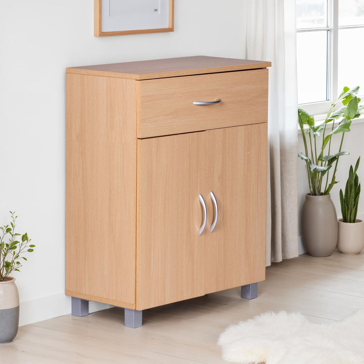 Skænk bøg 60x75x30cm Kommode med skuffe og låger, Lille moderne skænk brun, Designer træskab, Universalskab med håndtag, Lille smalt entreskab