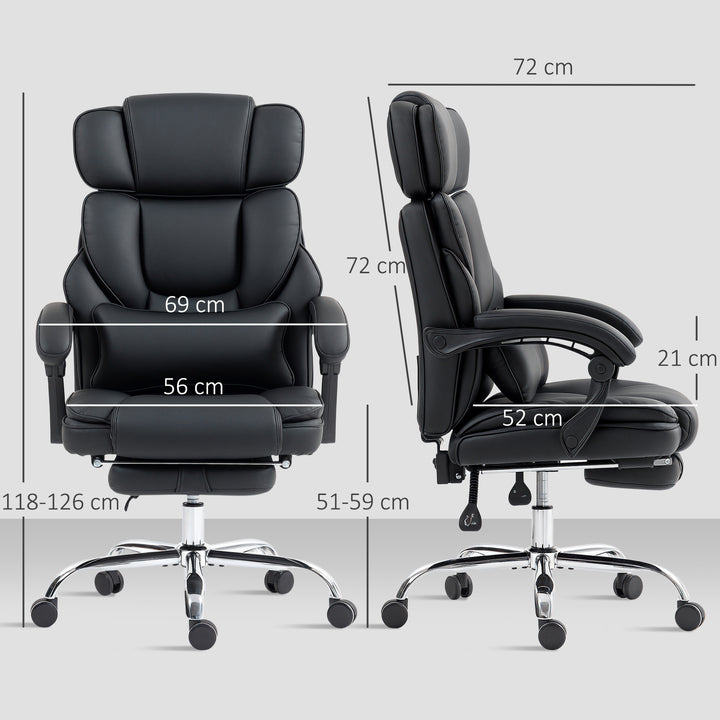 Kontorstol, ergonomisk højdejusterbar drejestol med lændestøtte, armlæn, fodstøtte, PU-læder, sort