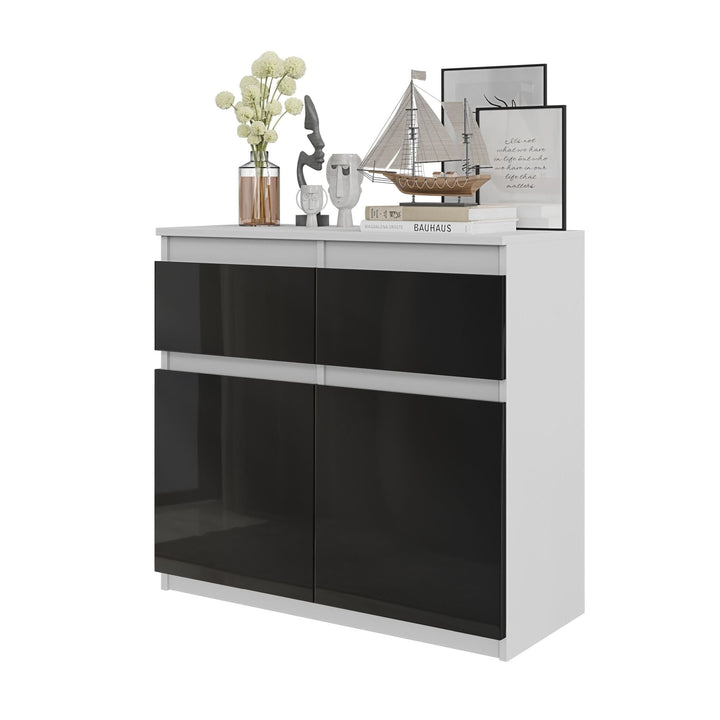 NOAH - Kommode med 2 skuffer - mat hvid / højglans sort H75cm B80cm D35cm