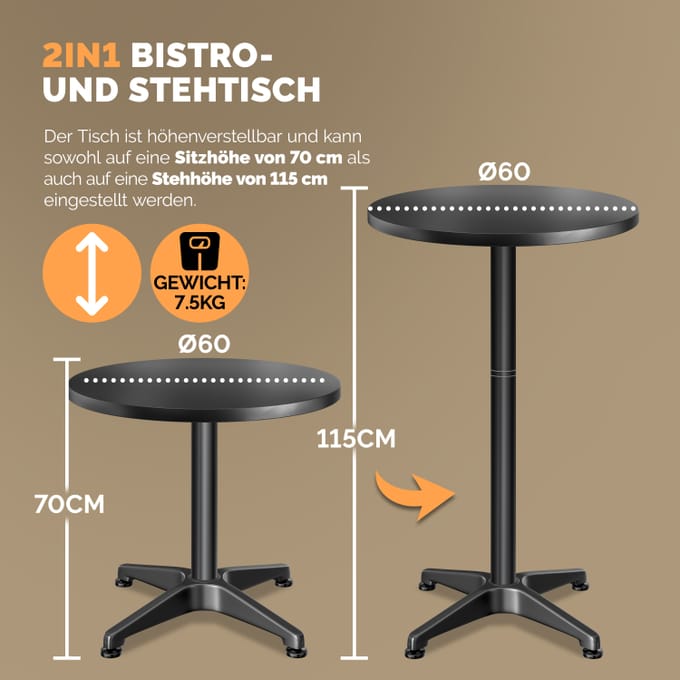 Rundt bord i sort aluminium Ø60cm foldbart, højdejusterbart