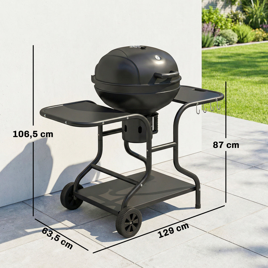 Kulgrill BBQ-ryger med sideborde, låg, termometer og hjul, 129 x 63,5 x 106,5 cm